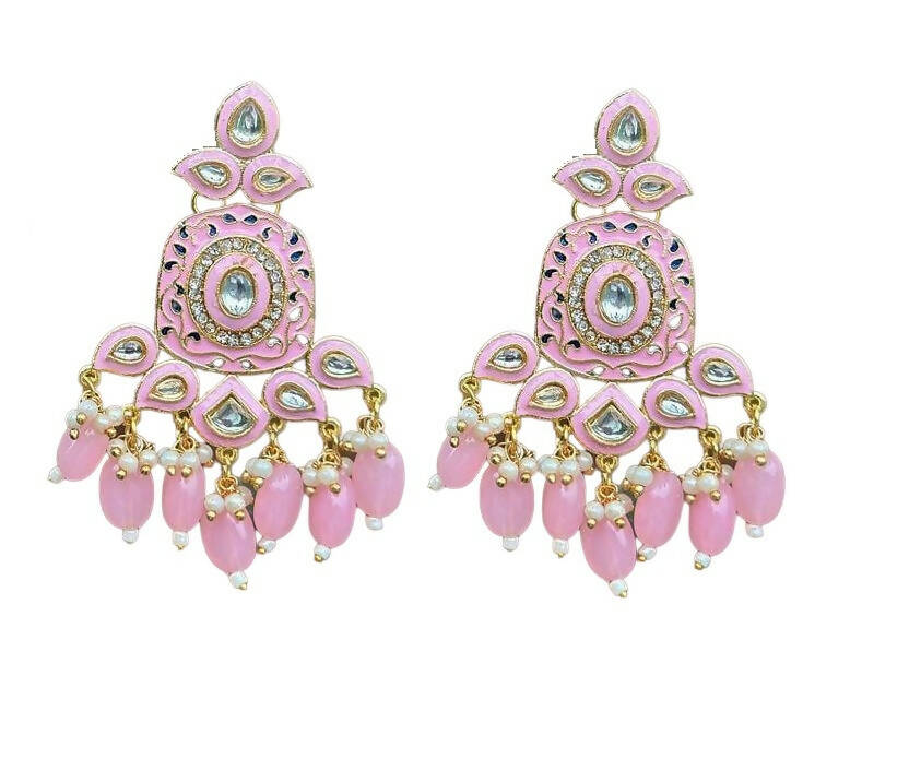 Gold-Toned Pink Kundan Contemporary Drop Earrings for Women & Girls By House of Ree - House of Ree
