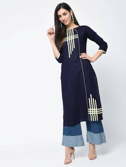 Aniyah Cotton Straight Kurta Blue Color With Patchwork (AN-106K) | Grocsy