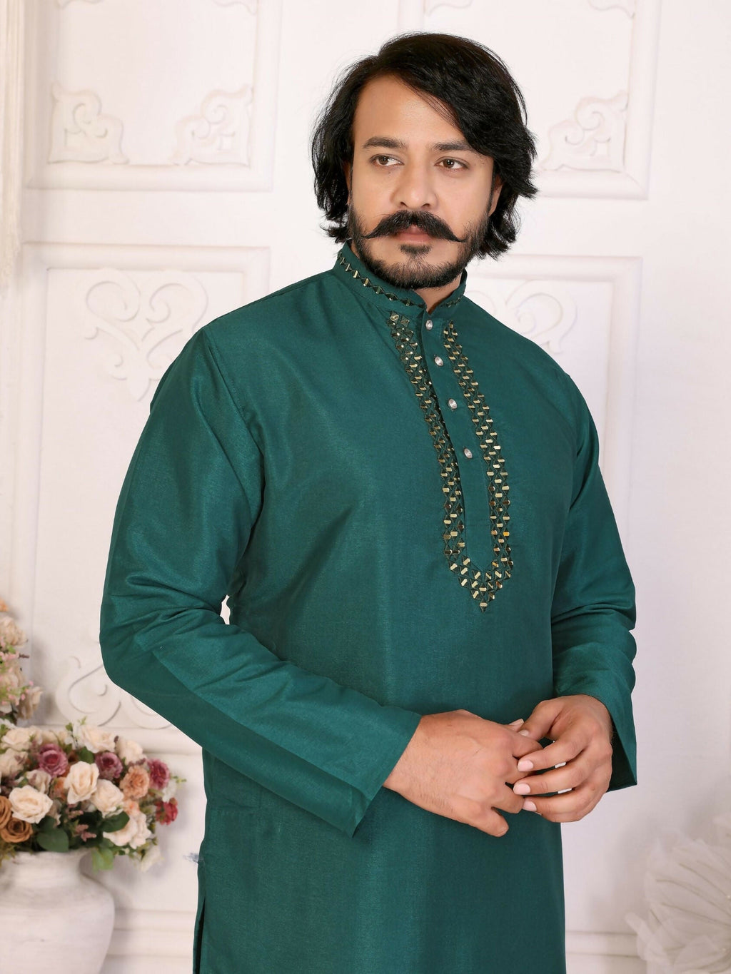 Anaita Green Silk Straight Kurta With Neck Mirror Work | Grocsy