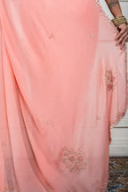 Morchari Peach Chiffon Hand Embroidery Saree And Stitched Blouse | Grocsy