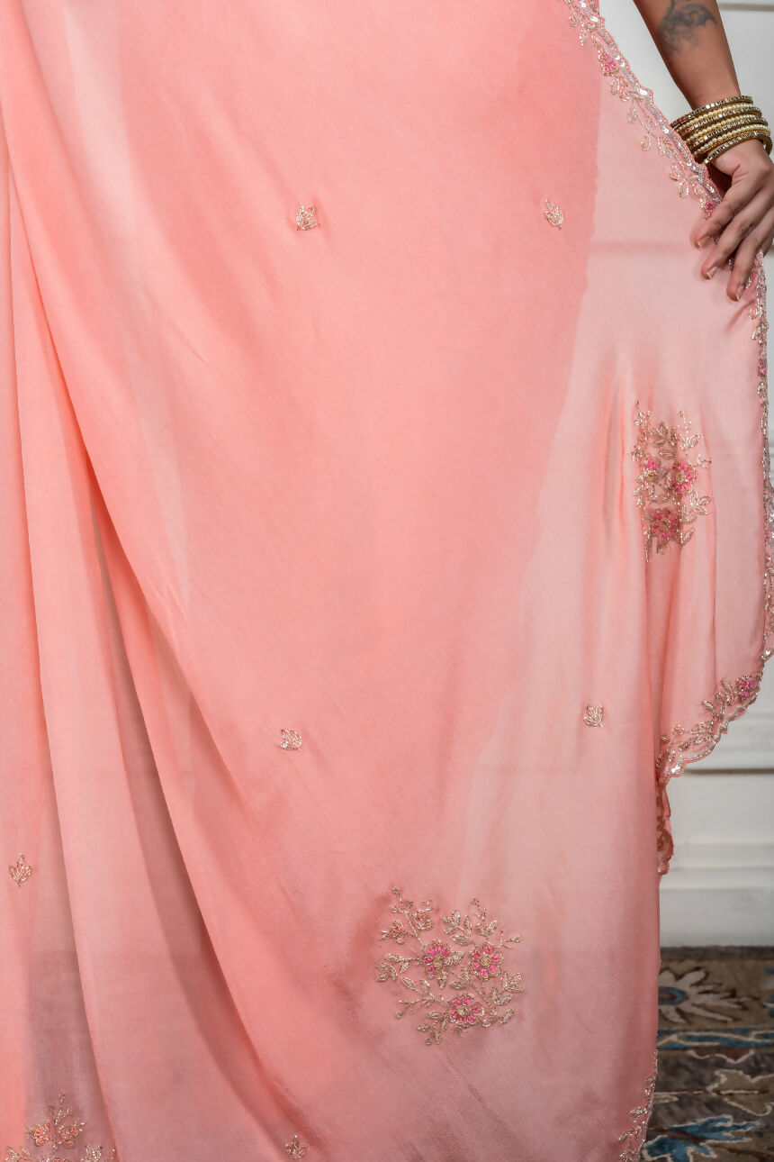 Morchari Peach Chiffon Hand Embroidery Saree And Stitched Blouse | Grocsy