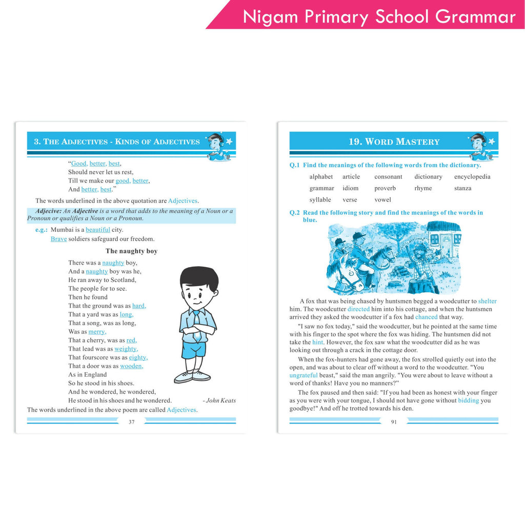 Nigam My Blue Book of Primary School Grammar * Suffix, Prefix, Homophones, Sentences, Preposition, Adverbs, Verbs, Pronouns, Adjectives, Nouns | Grocsy