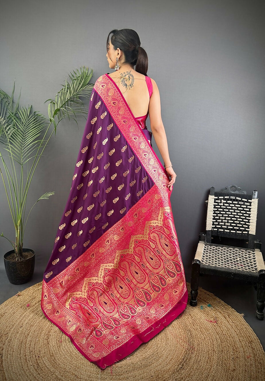 Joban Fashion Banarasi Purple Woven Butti Soft Silk Saree | Grocsy