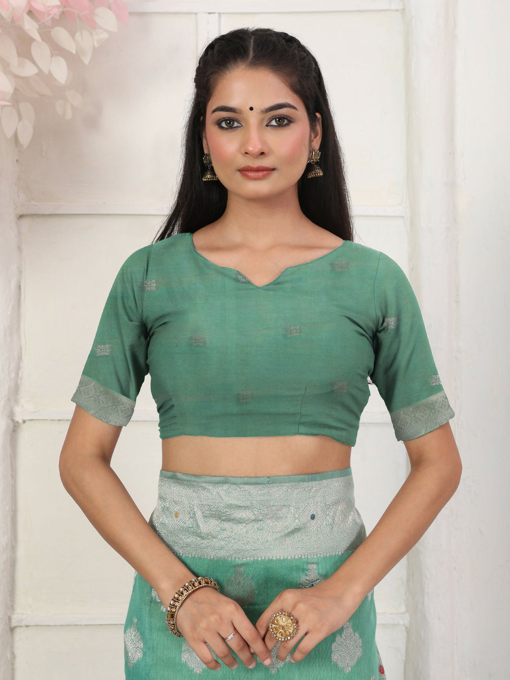 Shree Shyam Fashion Linen Cotton Rama Green Saree | Grocsy