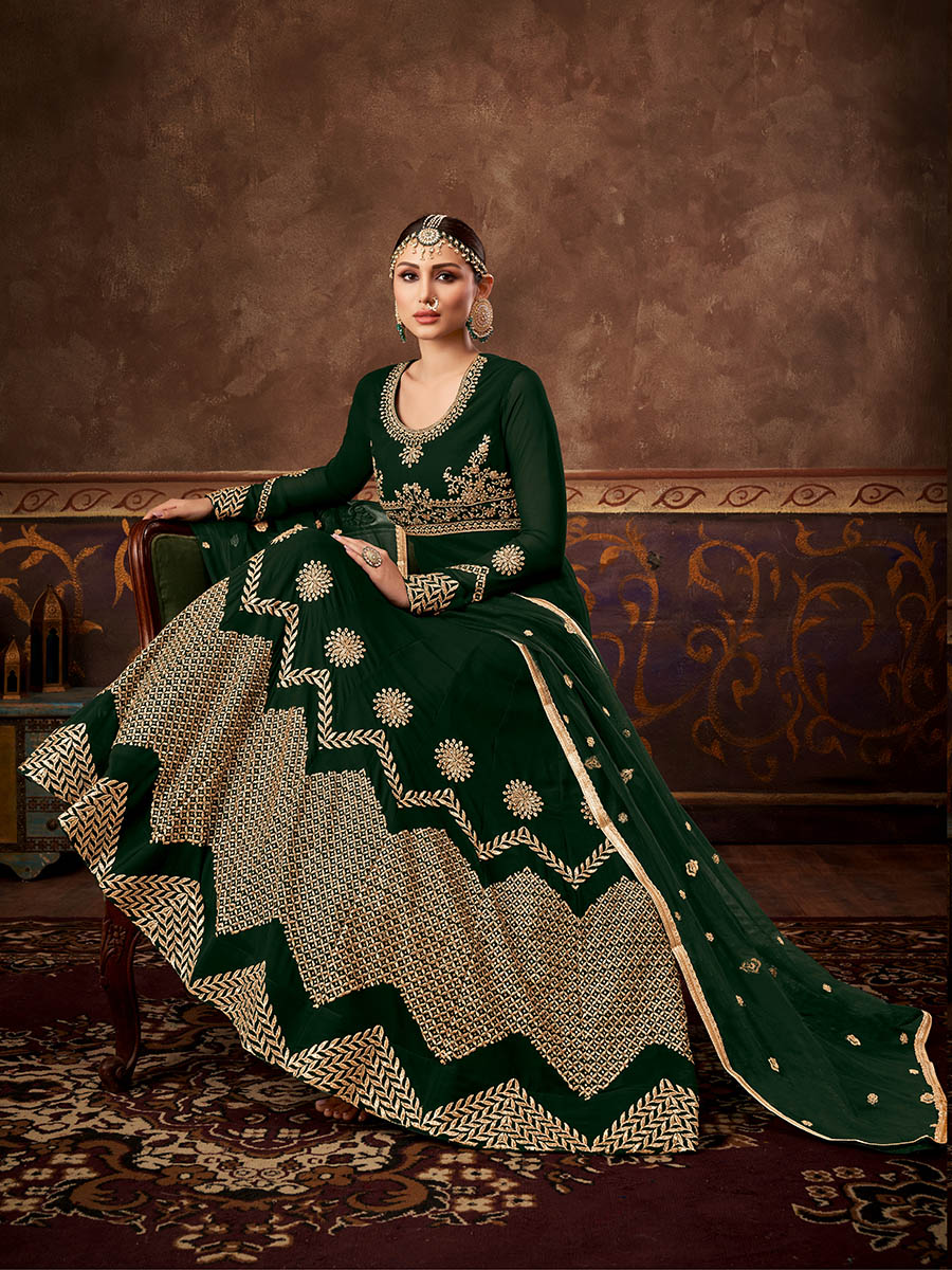 Myra Deep Green Real Georgette Embroidered Anarkali Suit | Grocsy