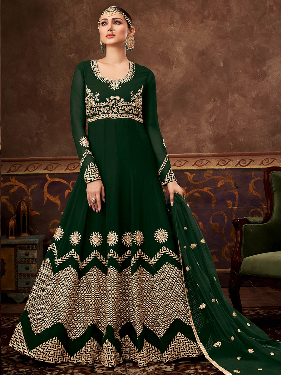 Myra Deep Green Real Georgette Embroidered Anarkali Suit | Grocsy