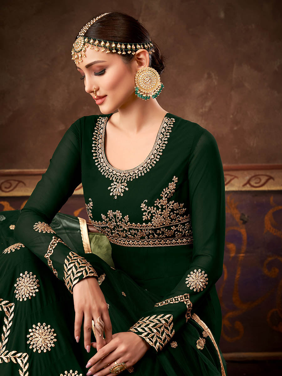 Myra Deep Green Real Georgette Embroidered Anarkali Suit | Grocsy