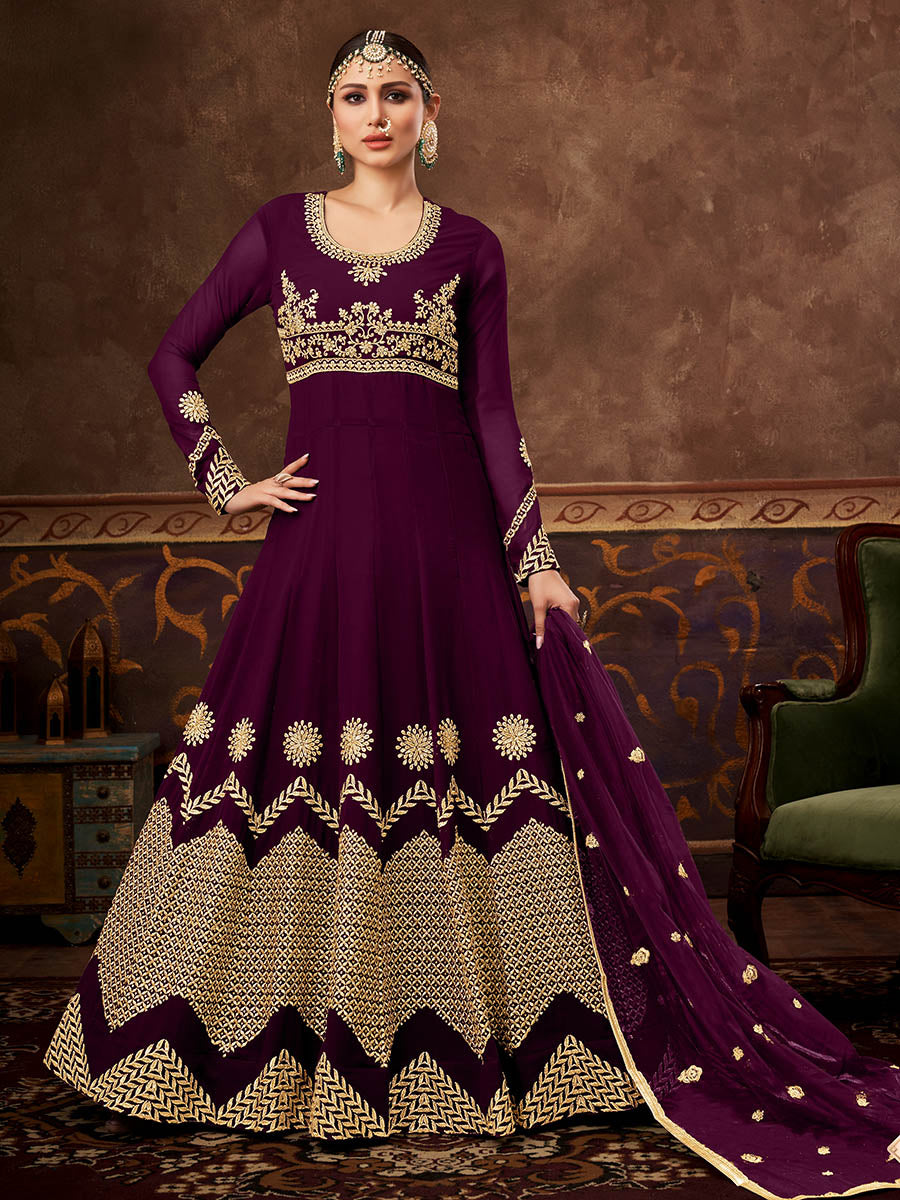 Myra Wine Real Georgette Embroidered Anarkali Suit (HO1103) | Grocsy