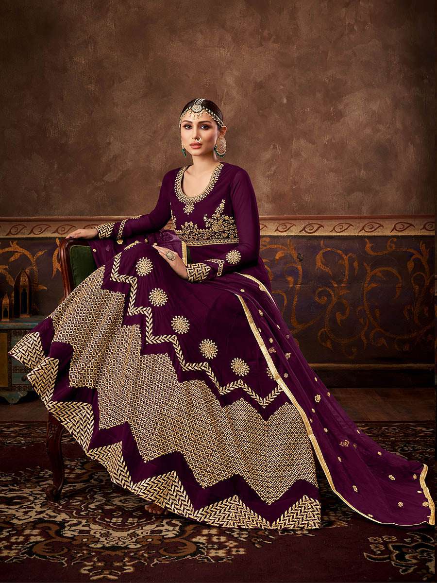Myra Wine Real Georgette Embroidered Anarkali Suit (HO1103) | Grocsy