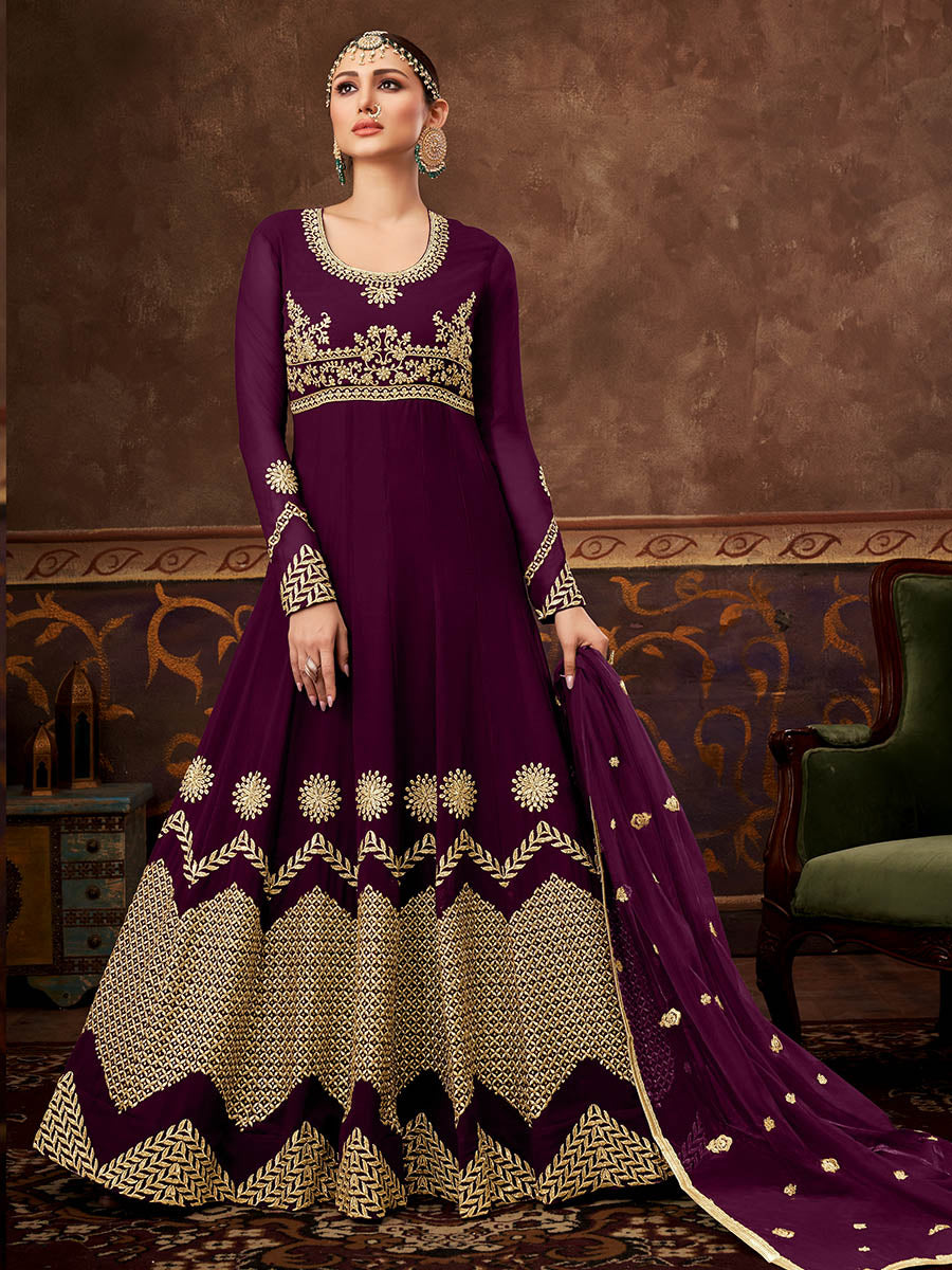 Myra Wine Real Georgette Embroidered Anarkali Suit (HO1103) | Grocsy