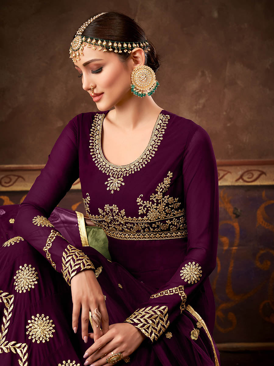 Myra Wine Real Georgette Embroidered Anarkali Suit (HO1103) | Grocsy
