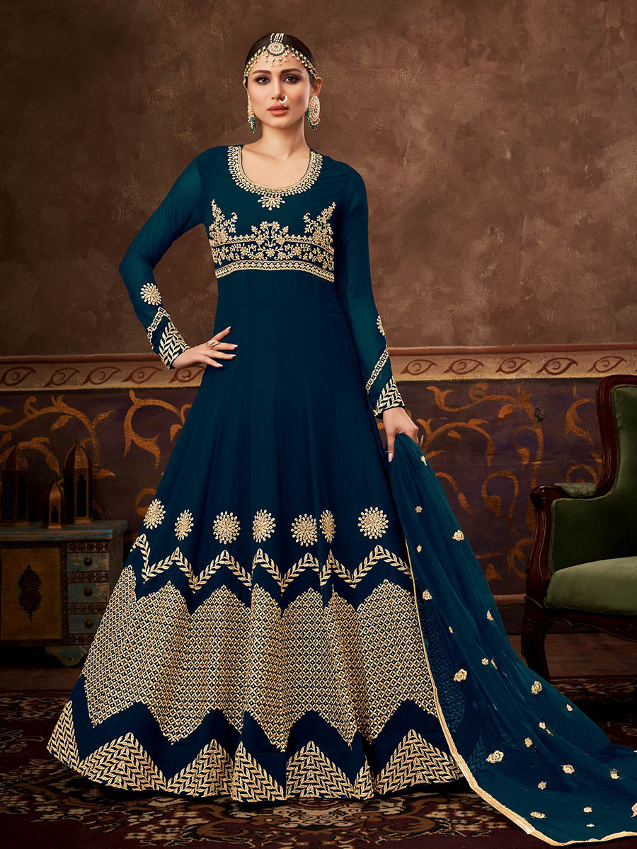 Myra Rama Green Real Georgette Embroidered Anarkali Suit | Grocsy