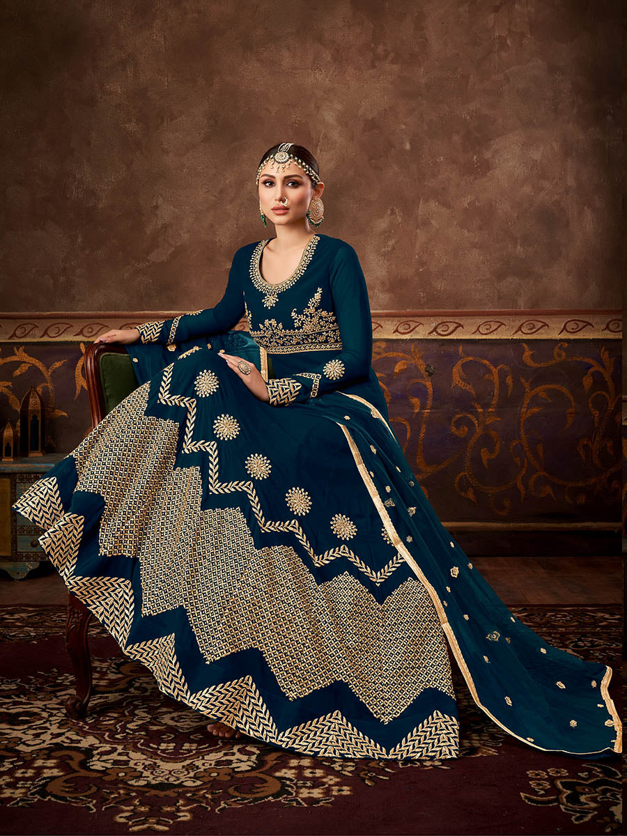 Myra Rama Green Real Georgette Embroidered Anarkali Suit | Grocsy