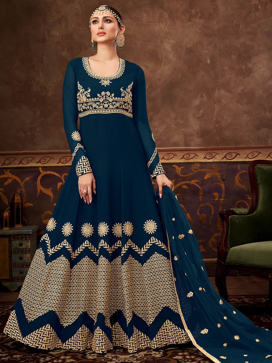 Myra Rama Green Real Georgette Embroidered Anarkali Suit | Grocsy