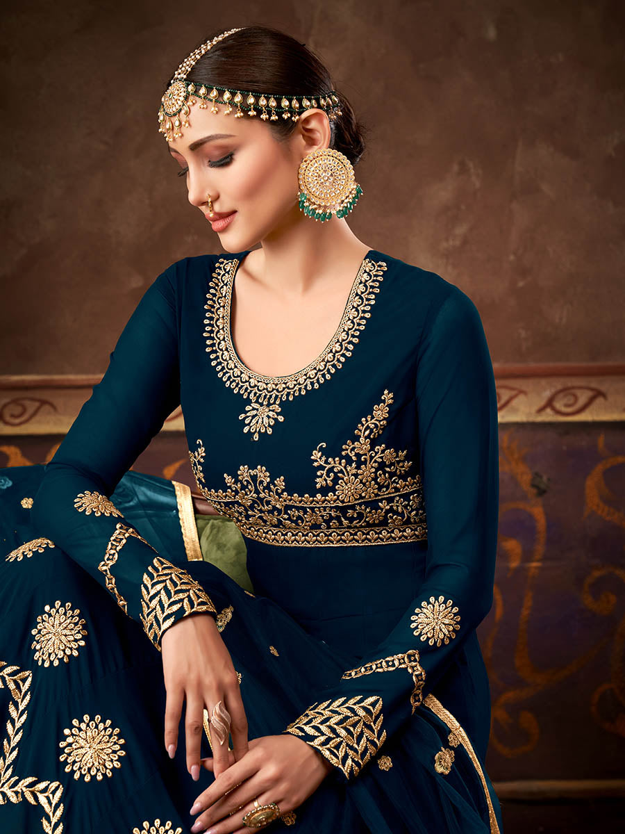 Myra Rama Green Real Georgette Embroidered Anarkali Suit | Grocsy