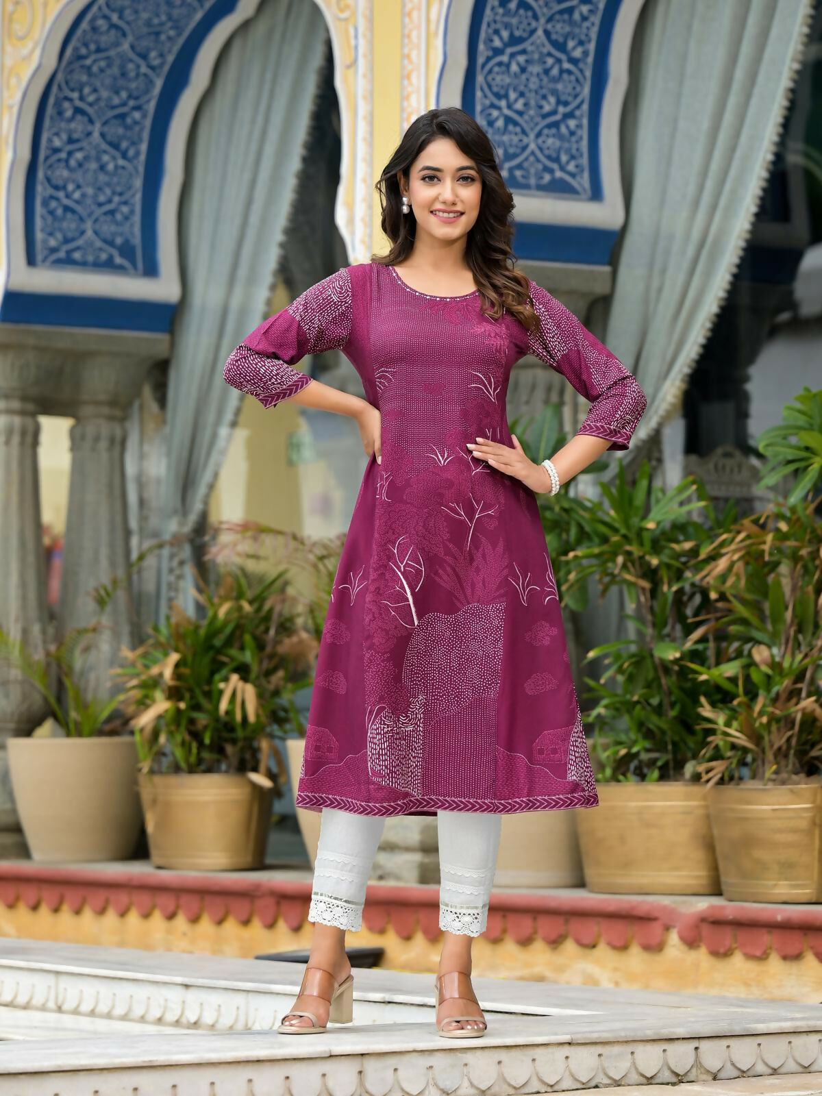 Juniper Women's Wine Beautiful Printed Liva Rayon A-Lined Kurta For Women | Grocsy