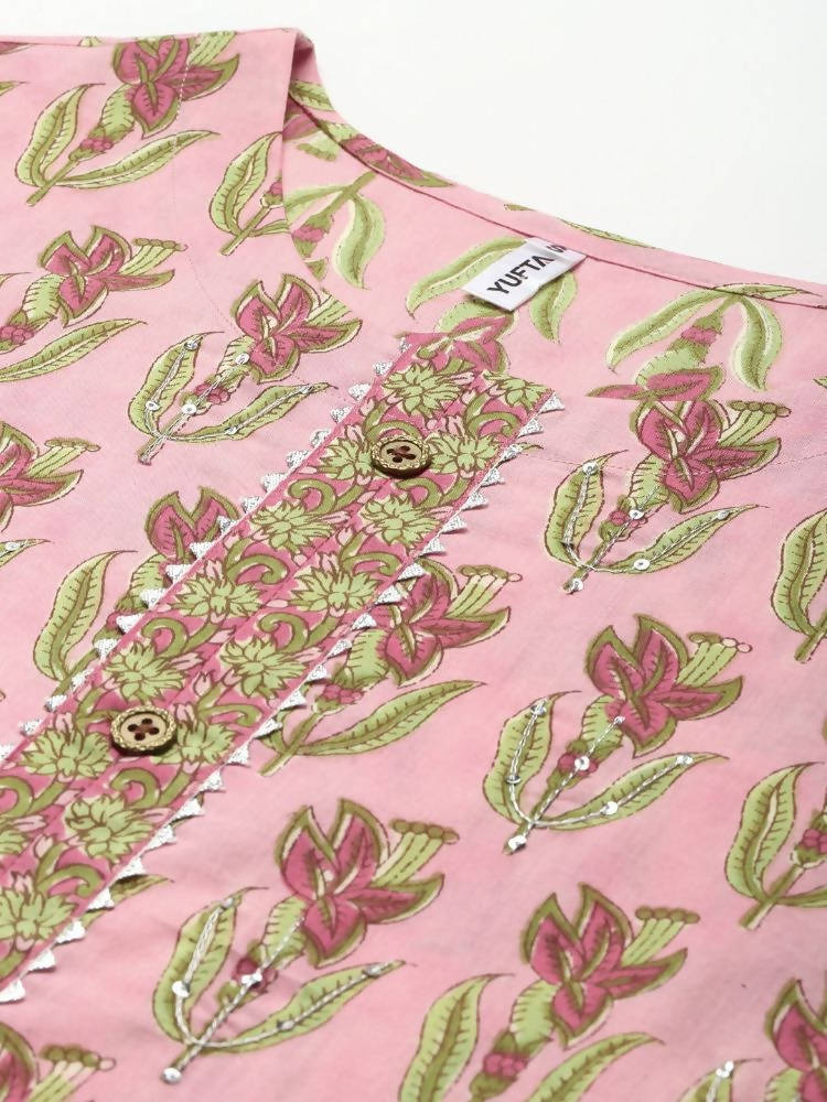 Yufta Women Pink Floral Print Aari Work Pure Cotton Kurta with Palazzo and Dupatta | Grocsy