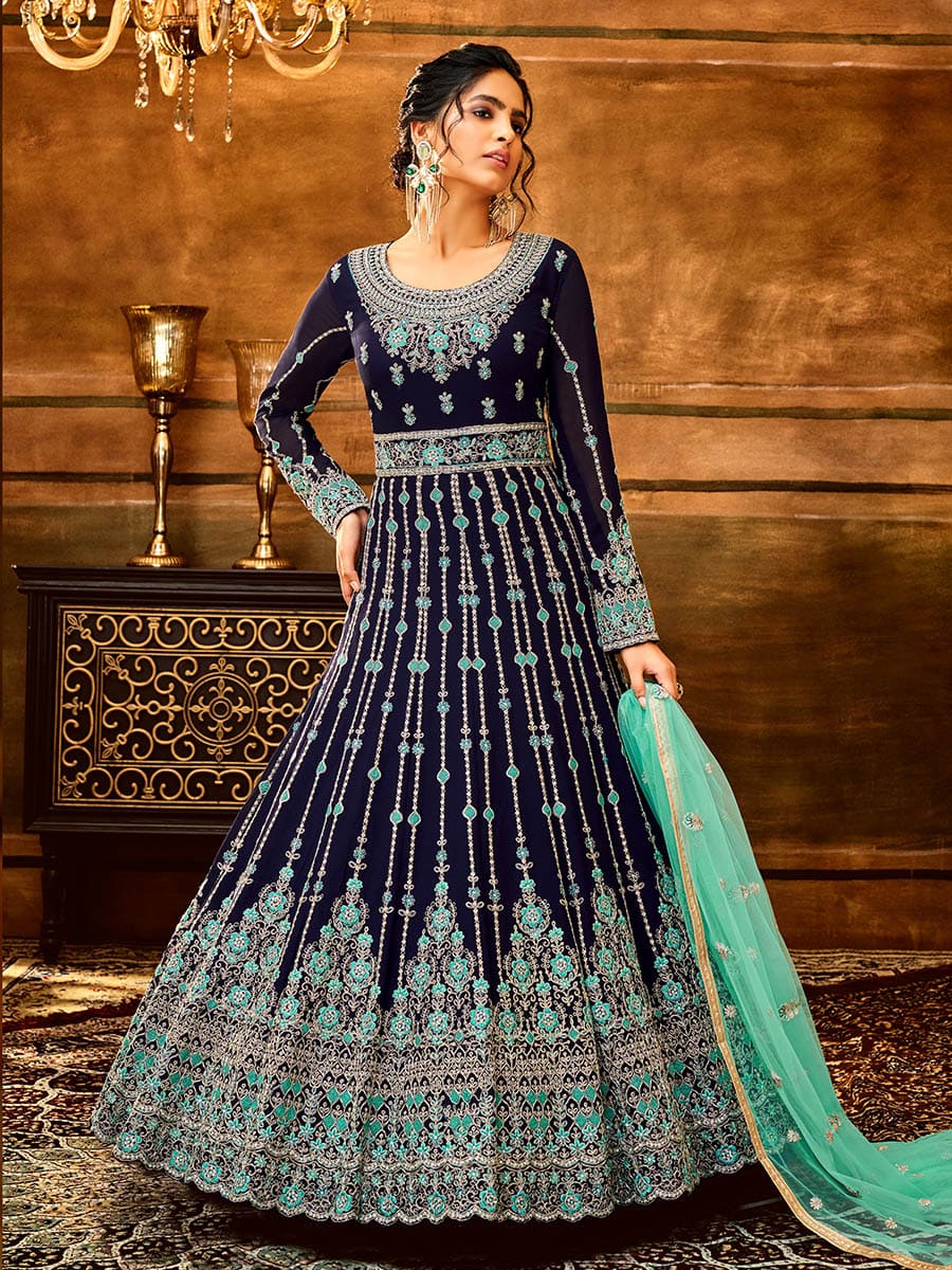 Myra Navy Blue and Sea Blue Pure Georgette Embroidered Party Wear Suit | Grocsy