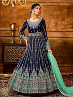 Myra Navy Blue and Sea Blue Pure Georgette Embroidered Party Wear Suit | Grocsy