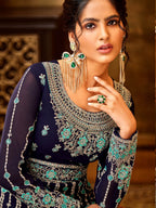 Myra Navy Blue and Sea Blue Pure Georgette Embroidered Party Wear Suit | Grocsy