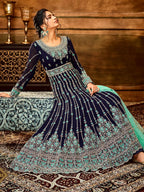 Myra Navy Blue and Sea Blue Pure Georgette Embroidered Party Wear Suit | Grocsy