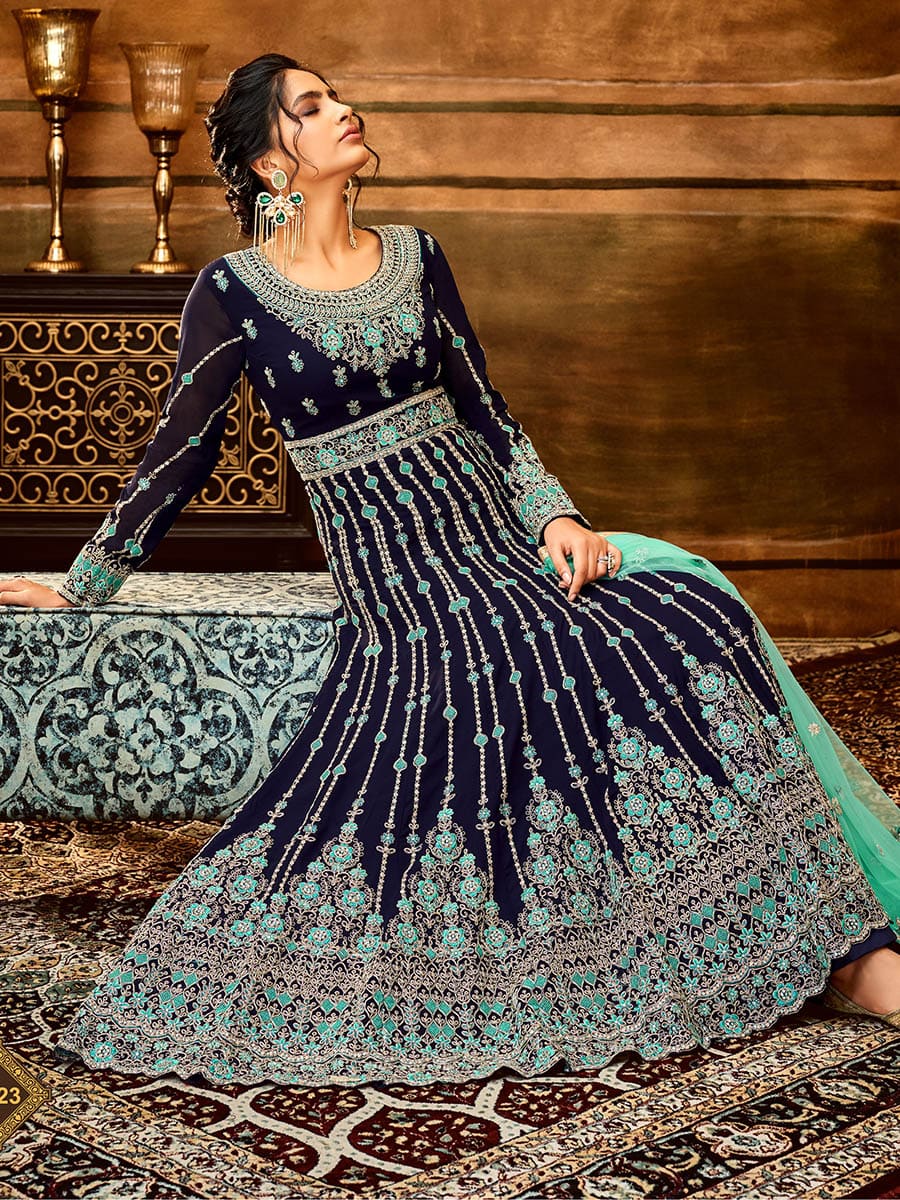 Myra Navy Blue and Sea Blue Pure Georgette Embroidered Party Wear Suit | Grocsy