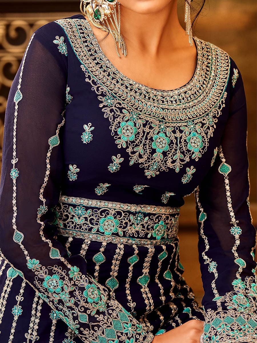 Myra Navy Blue and Sea Blue Pure Georgette Embroidered Party Wear Suit | Grocsy