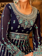 Myra Navy Blue and Sea Blue Pure Georgette Embroidered Party Wear Suit | Grocsy