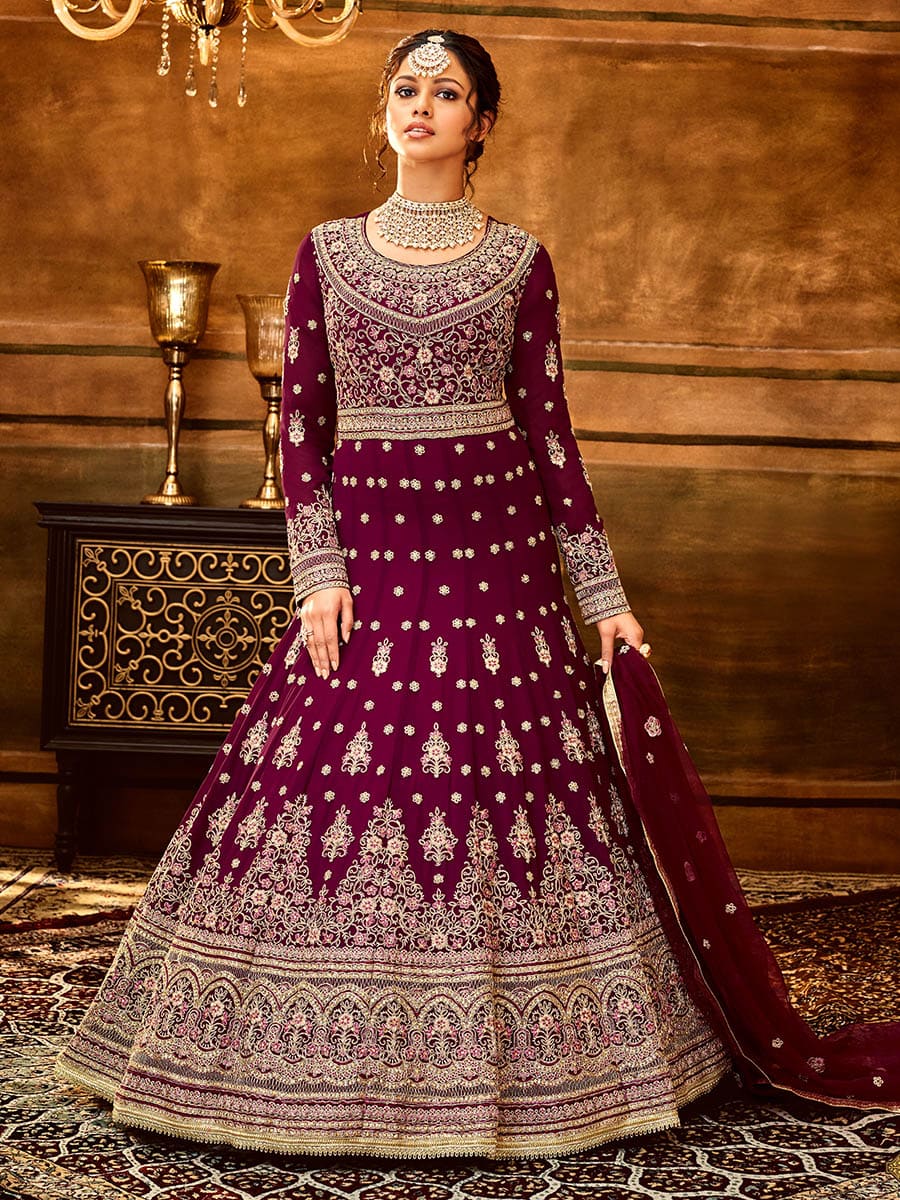 Myra Maroon Pure Georgette Embroidered Party Wear Suit | Grocsy
