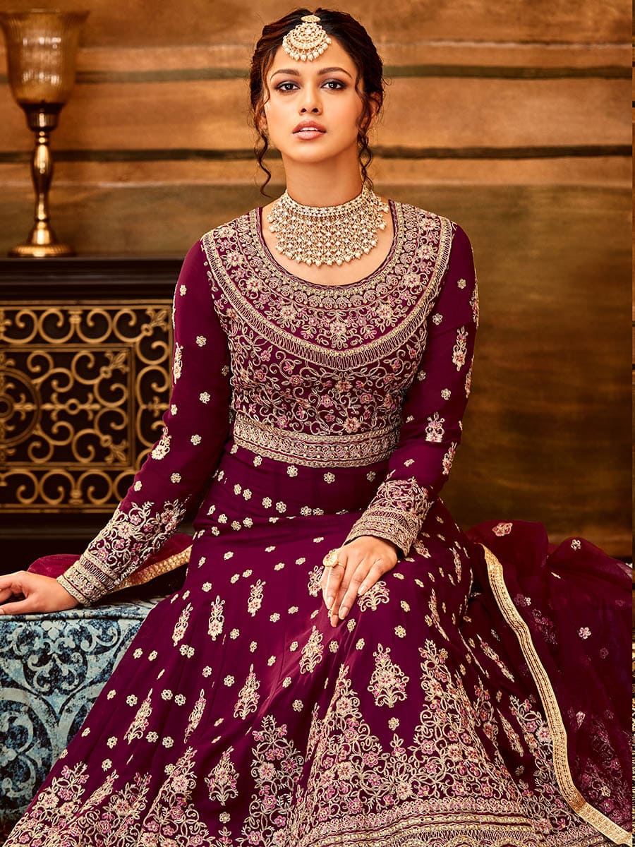 Myra Maroon Pure Georgette Embroidered Party Wear Suit | Grocsy