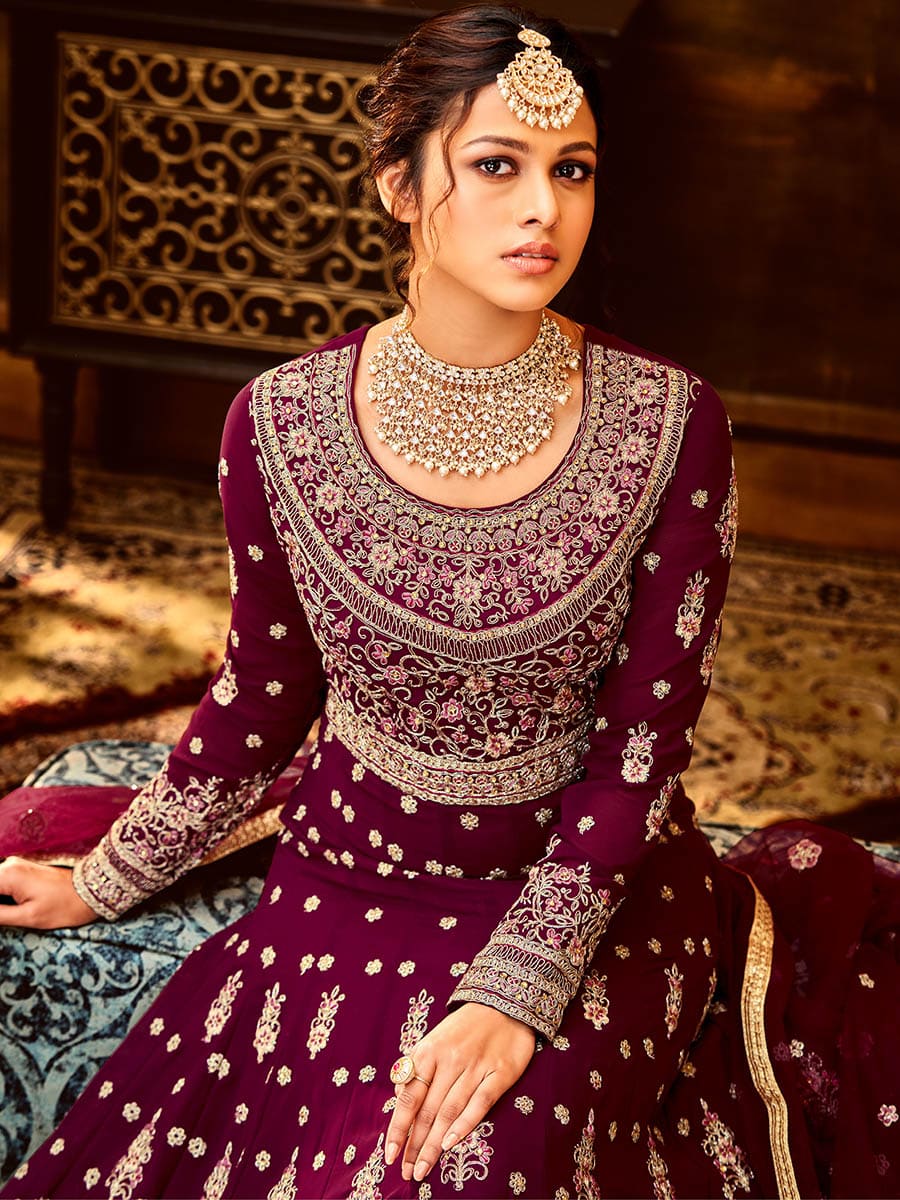 Myra Maroon Pure Georgette Embroidered Party Wear Suit | Grocsy