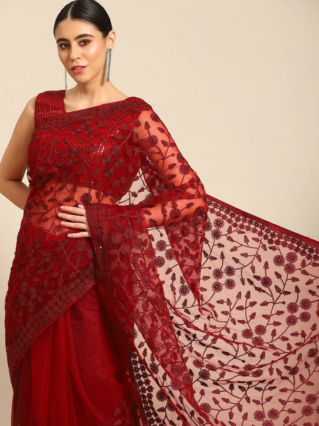 Maroon Woven Design Net Saree with Blouse Piece - Kalamkari | Grocsy
