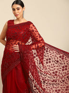 Maroon Woven Design Net Saree with Blouse Piece - Kalamkari | Grocsy