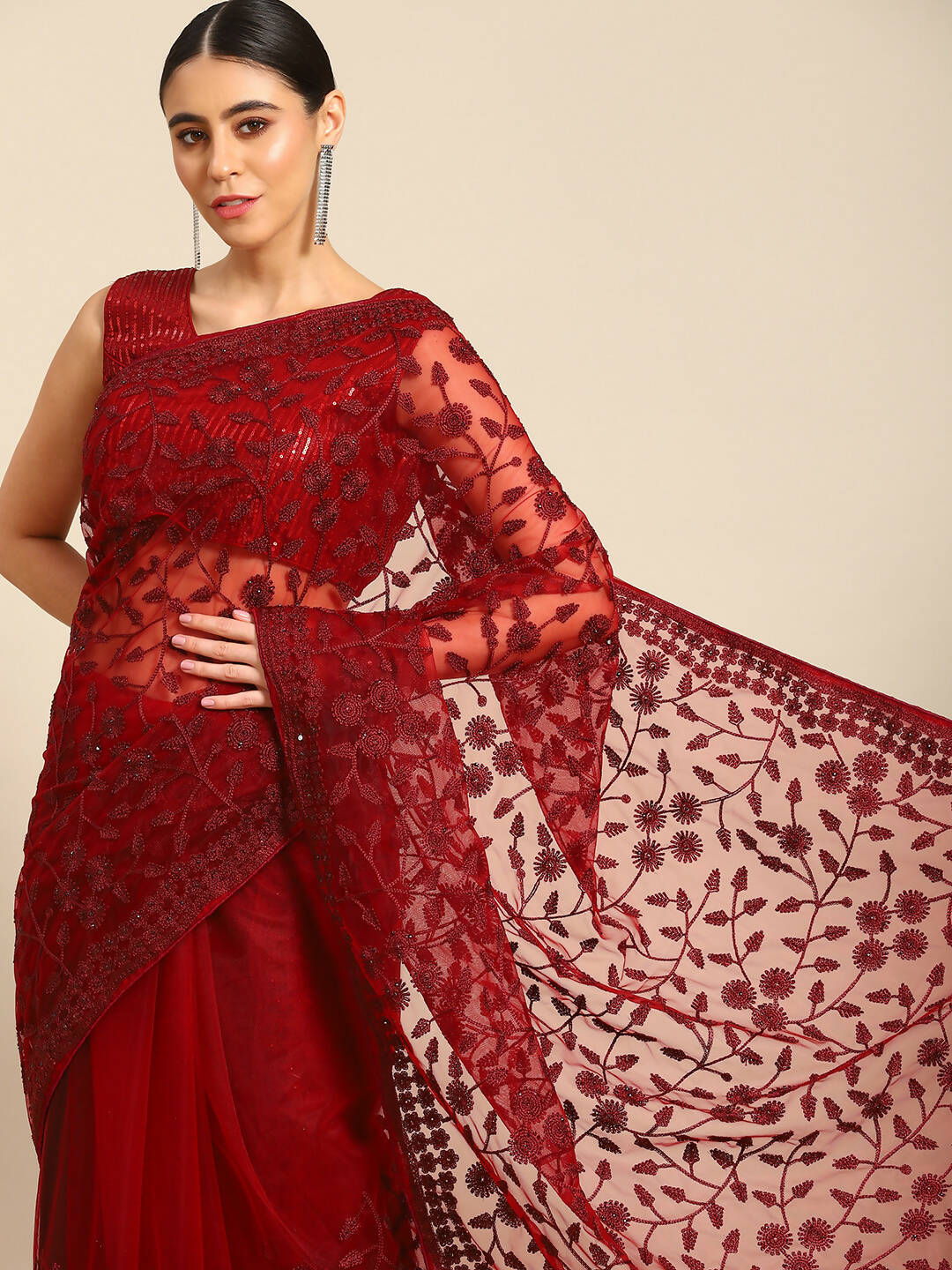 Maroon Woven Design Net Saree with Blouse Piece - Kalamkari | Grocsy