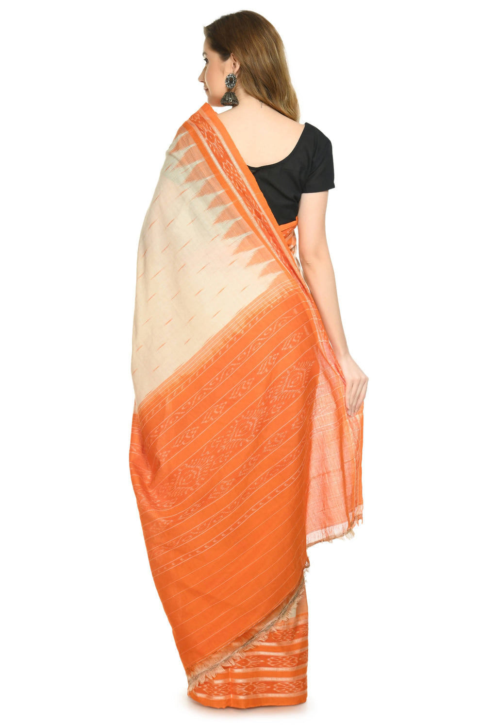 Vamika Sambalpuri Ikat Cotton Scot Dali Tasrite Orange Saree | Grocsy