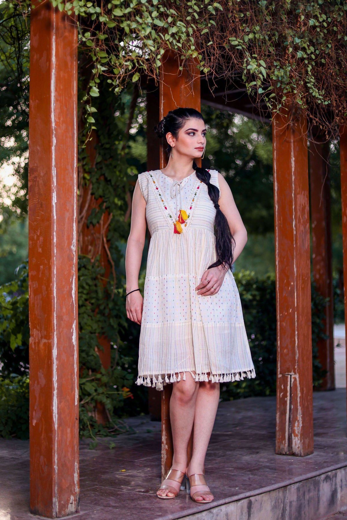 Aayaa Designer Multi Thread Hand Work Khadi Cotton One Piece Dress - Off White | Grocsy