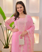 The52 Pink Women's Beautiful Chikankari Work Chanderi Fabric Straight Kurta Pant and Dupatta Set | Grocsy