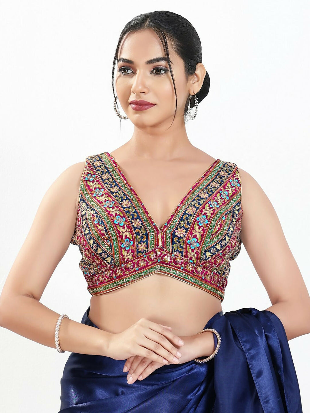 Joban Fashion Magenta Multi Georgette Padded Blouse With V Neck Sleeveless | Grocsy