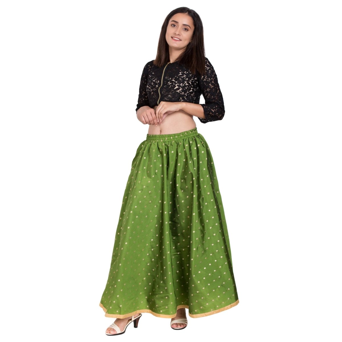 Asmaani Green Color Golden Zari Work Maxi Skirt | Grocsy