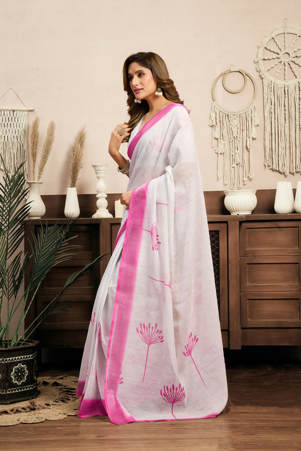 Vastranavya White Digital Printed Linen Ready To Wear Designer Saree with Unstitched Blouse | Grocsy