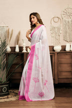 Vastranavya White Digital Printed Linen Ready To Wear Designer Saree with Unstitched Blouse | Grocsy