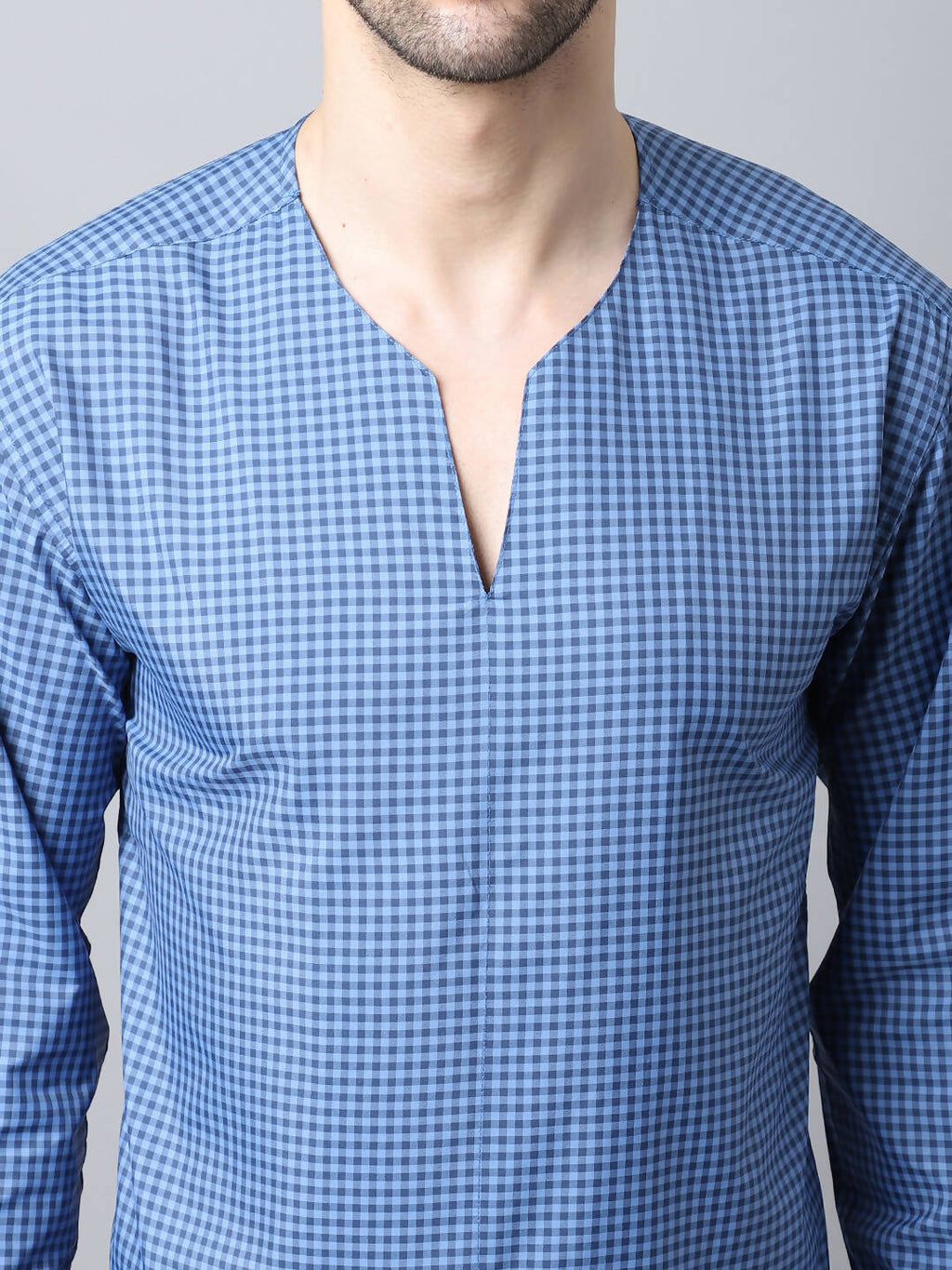 Even Apparels Blue Checked Men's Kurta With Band Collar | Grocsy
