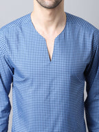 Even Apparels Blue Checked Men's Kurta With Band Collar | Grocsy