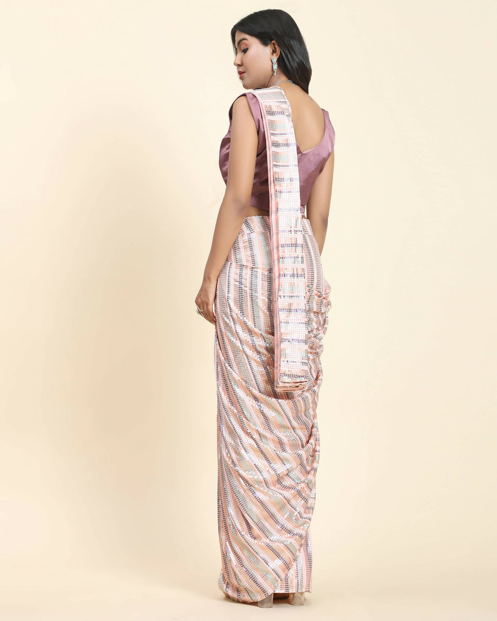 Peach Pure Georgette Sequence work Ready to wear Saree with stitched Blouse - Satiksha | Grocsy