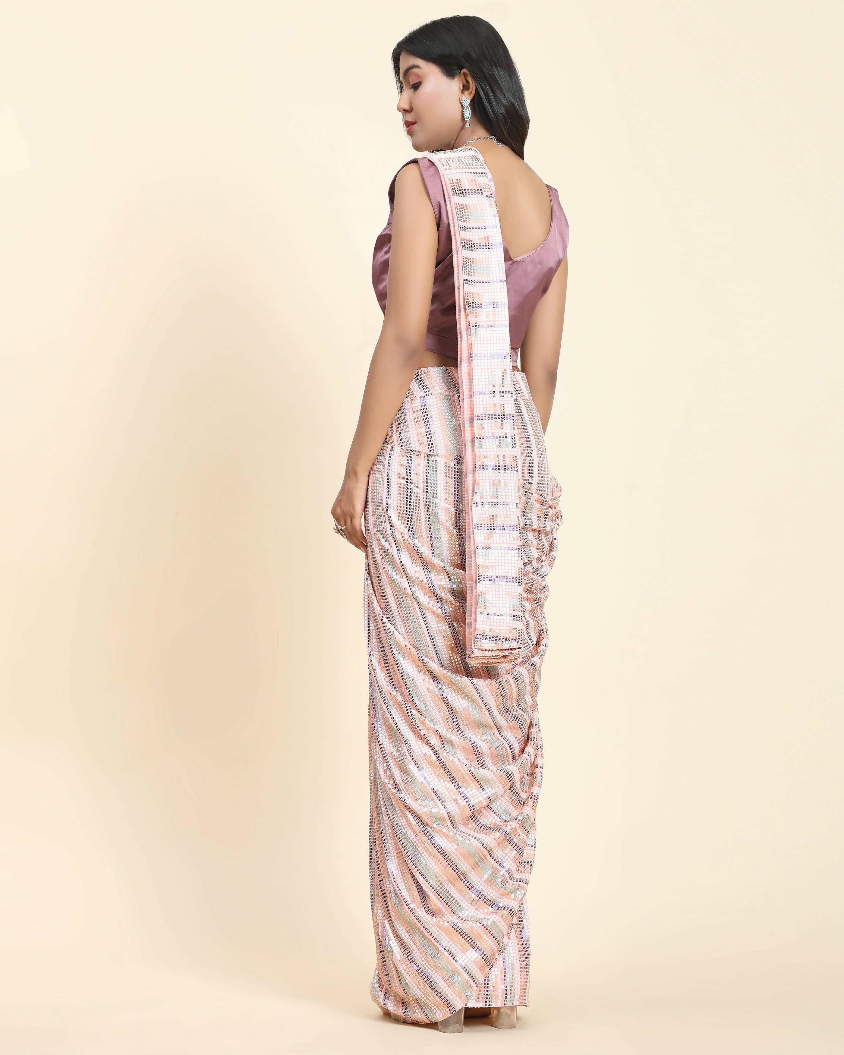 Peach Pure Georgette Sequence work Ready to wear Saree with stitched Blouse - Satiksha | Grocsy