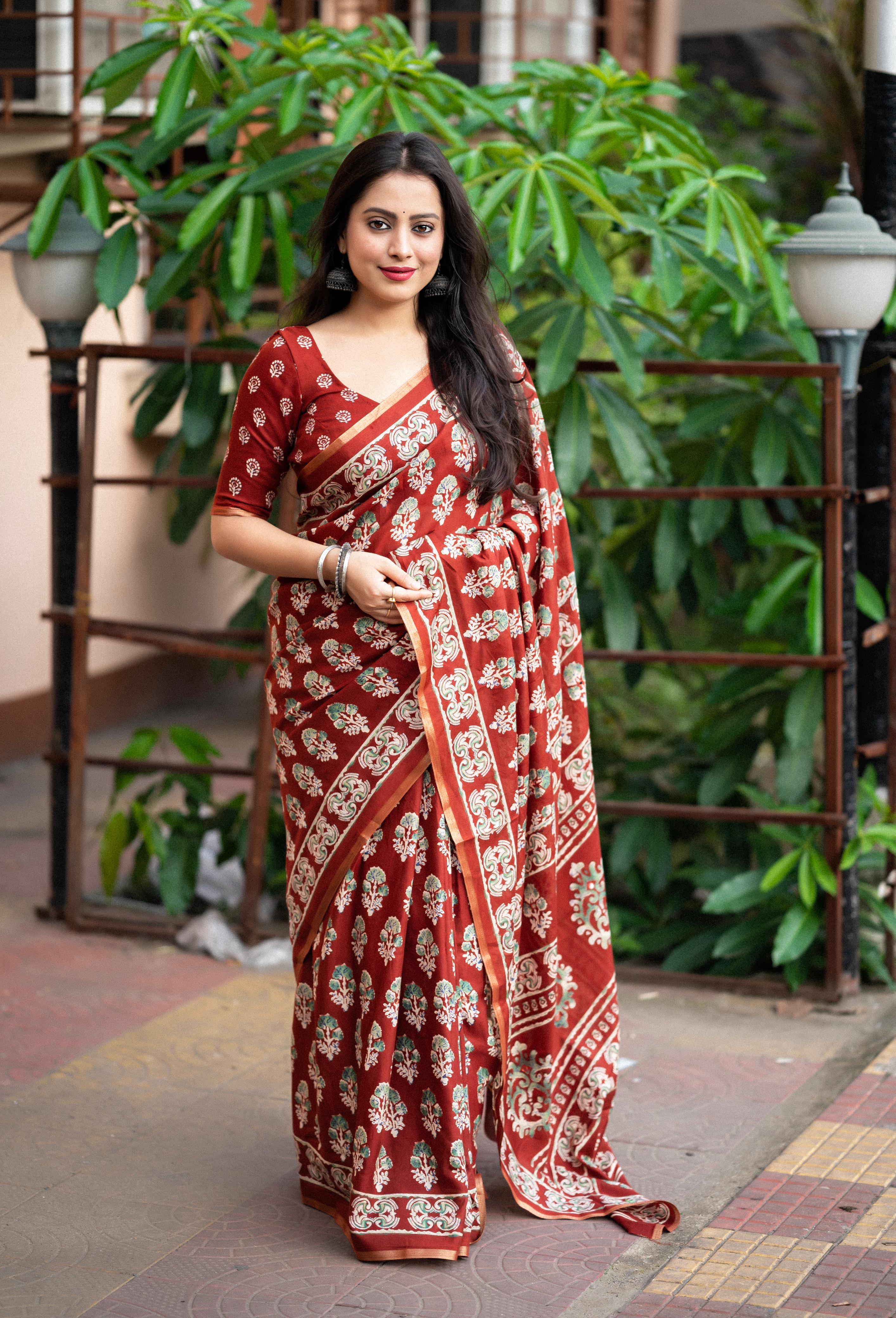 Red Cotton Blend Ajrak Saree with Unstitched Blouse - A2M | Grocsy