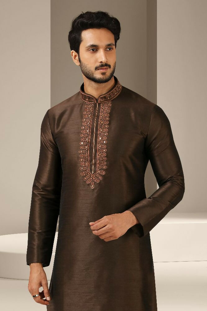 Raivat Ethnic Banarasi Art Silk Mirror Work Kurta Pajama In Brown Colour | Grocsy