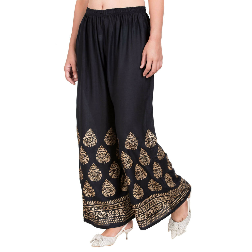 PAVONINE Black Color Golden Printed Rayon Fabric Sharara For Girls & Women | Grocsy