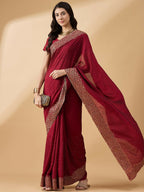 Maroon Silk Blend Embroidered Saree with Unstitched Blouse - Vairagi | Grocsy