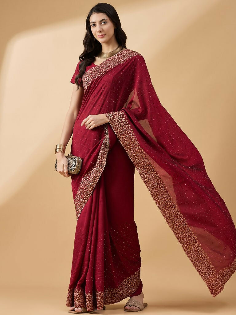 Maroon Silk Blend Embroidered Saree with Unstitched Blouse - Vairagi | Grocsy